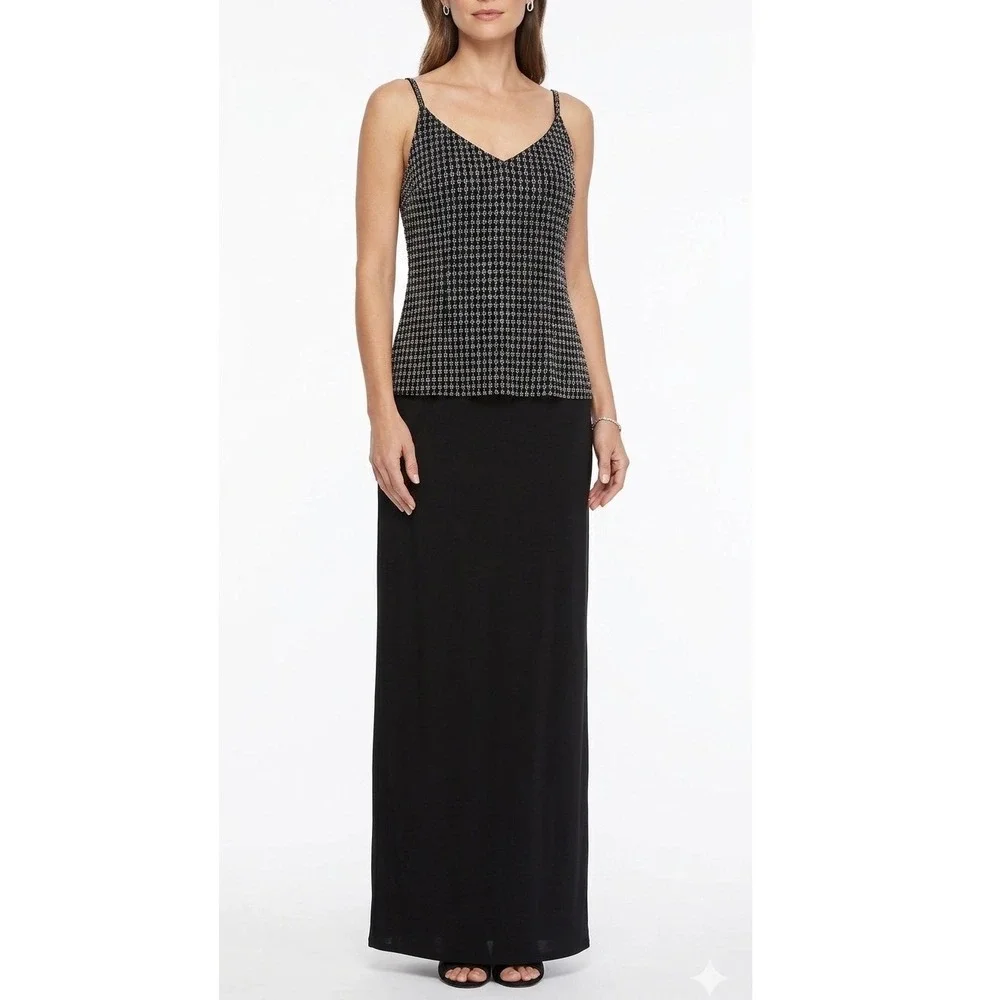 Alex Evenings Beaded Formal Gown Size 12 Black Silver Spaghetti Strap Maxi